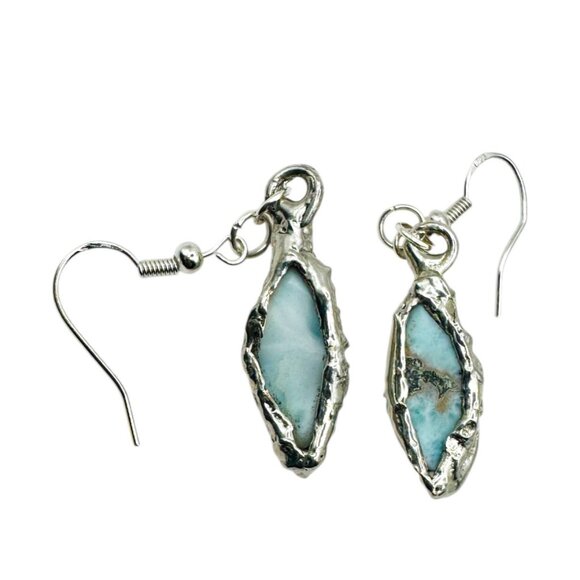 Larimar Dainty Earrings Encased In Boho Artisan Silver Bezels With 925 Hooks - Picture 9 of 14
